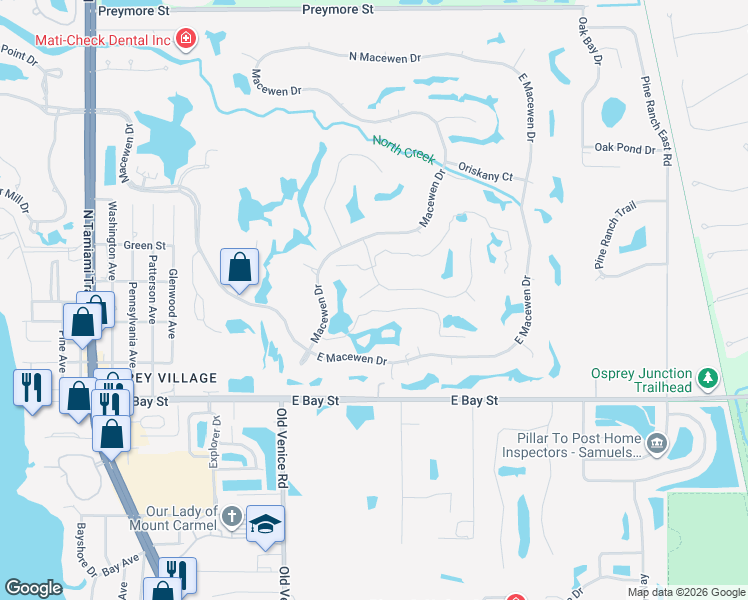 map of restaurants, bars, coffee shops, grocery stores, and more near 552 Eagle Watch Lane in Osprey