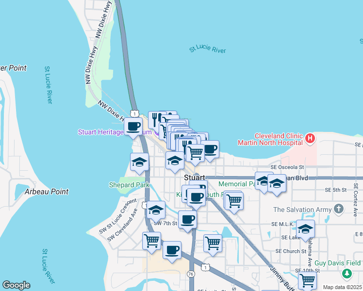 map of restaurants, bars, coffee shops, grocery stores, and more near 45 Southwest Seminole Street in Stuart