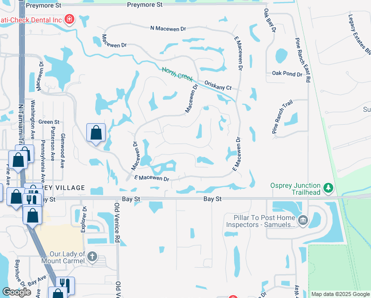 map of restaurants, bars, coffee shops, grocery stores, and more near 608 Eagle Watch Lane in Osprey