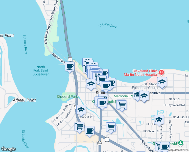 map of restaurants, bars, coffee shops, grocery stores, and more near 45 Southwest Seminole Street in Stuart