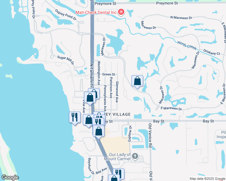 map of restaurants, bars, coffee shops, grocery stores, and more near 205 Patterson Avenue in Osprey