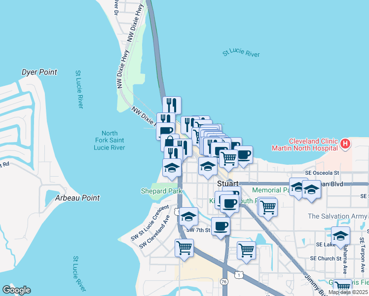 map of restaurants, bars, coffee shops, grocery stores, and more near 171 Southwest Flagler Avenue in Stuart