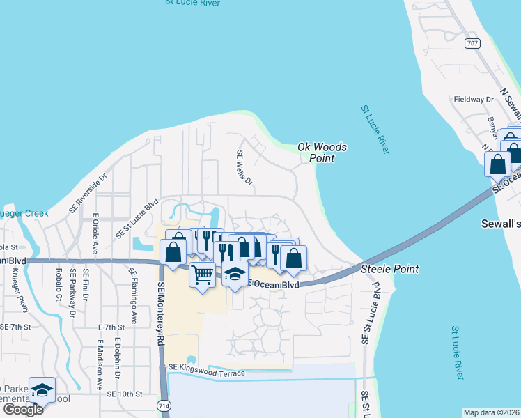map of restaurants, bars, coffee shops, grocery stores, and more near 360 Southeast Saint Lucie Boulevard in Stuart