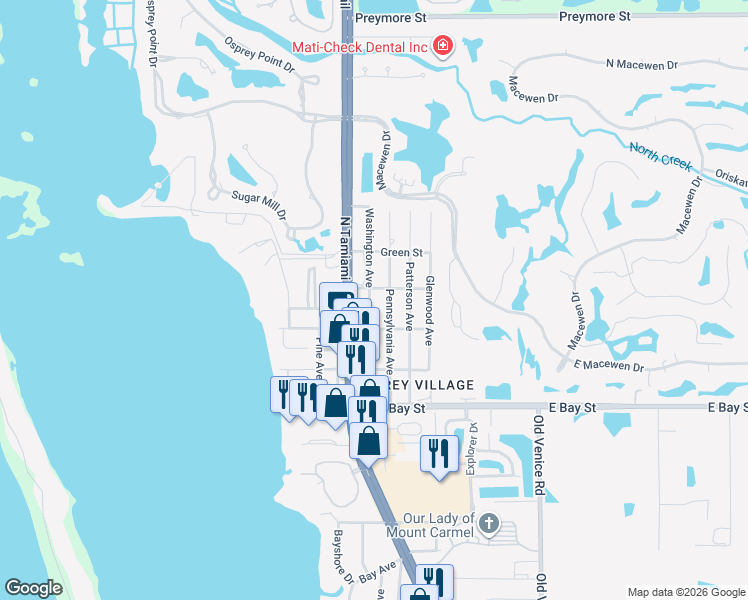 map of restaurants, bars, coffee shops, grocery stores, and more near 248 Washington Avenue in Osprey