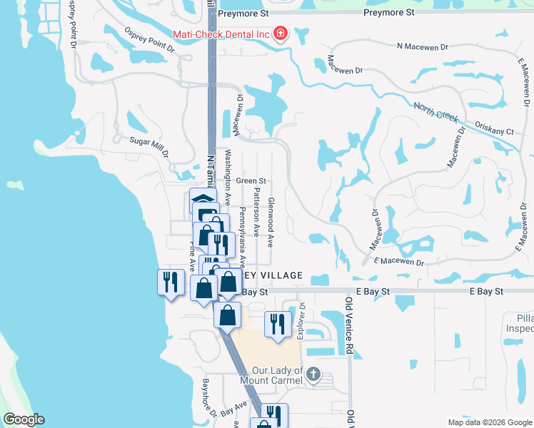 map of restaurants, bars, coffee shops, grocery stores, and more near 253 Glenwood Avenue in Osprey