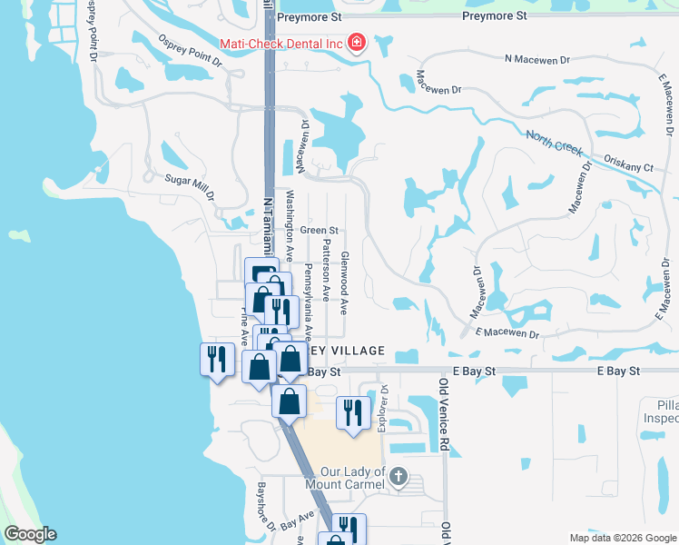map of restaurants, bars, coffee shops, grocery stores, and more near 304 Glenwood Avenue in Osprey
