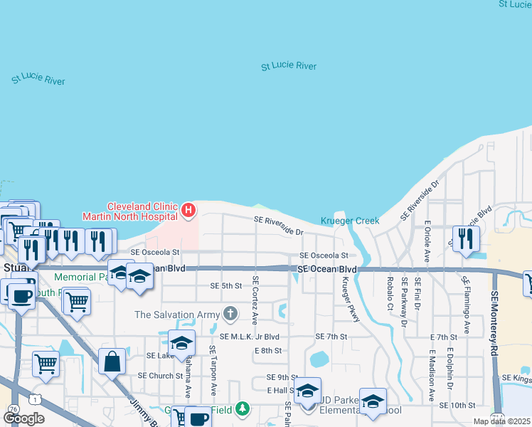 map of restaurants, bars, coffee shops, grocery stores, and more near 911 Southeast Riverside Drive in Stuart