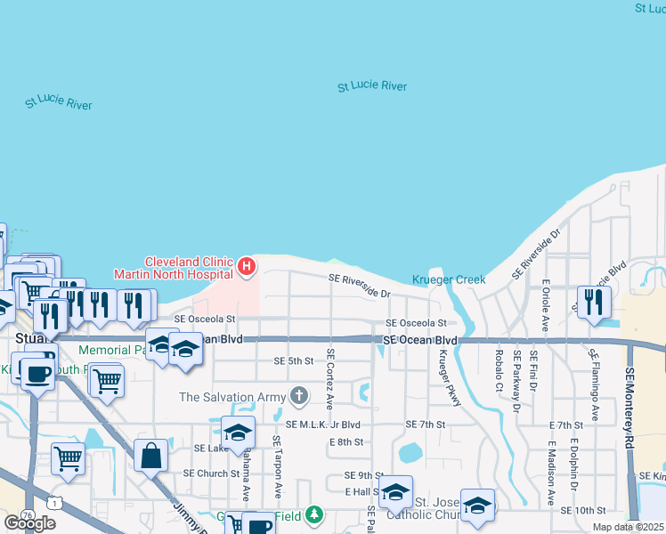 map of restaurants, bars, coffee shops, grocery stores, and more near 911 Southeast Riverside Drive in Stuart