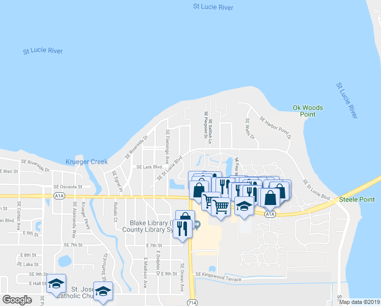 map of restaurants, bars, coffee shops, grocery stores, and more near 296 Southeast Wentworth Drive in Stuart