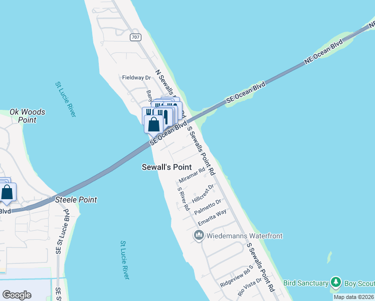 map of restaurants, bars, coffee shops, grocery stores, and more near 5 Copaire Road in Sewall's Point