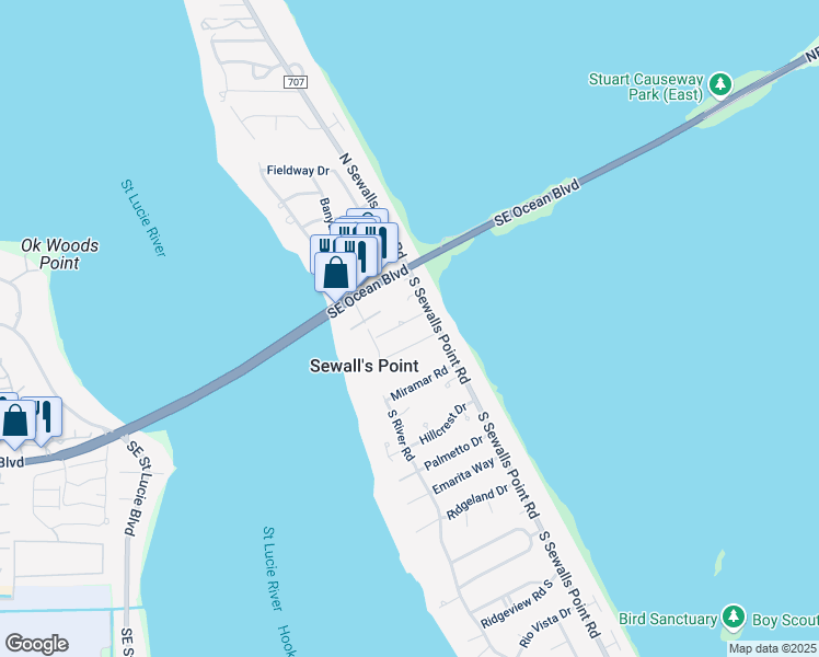 map of restaurants, bars, coffee shops, grocery stores, and more near 5 Copaire Road in Sewall's Point