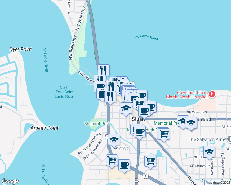 map of restaurants, bars, coffee shops, grocery stores, and more near 171 Southwest Flagler Avenue in Stuart