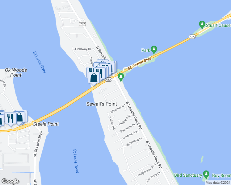 map of restaurants, bars, coffee shops, grocery stores, and more near 5 Copaire Road in Sewall's Point