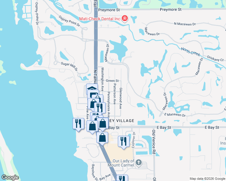map of restaurants, bars, coffee shops, grocery stores, and more near 115 Church Street in Osprey
