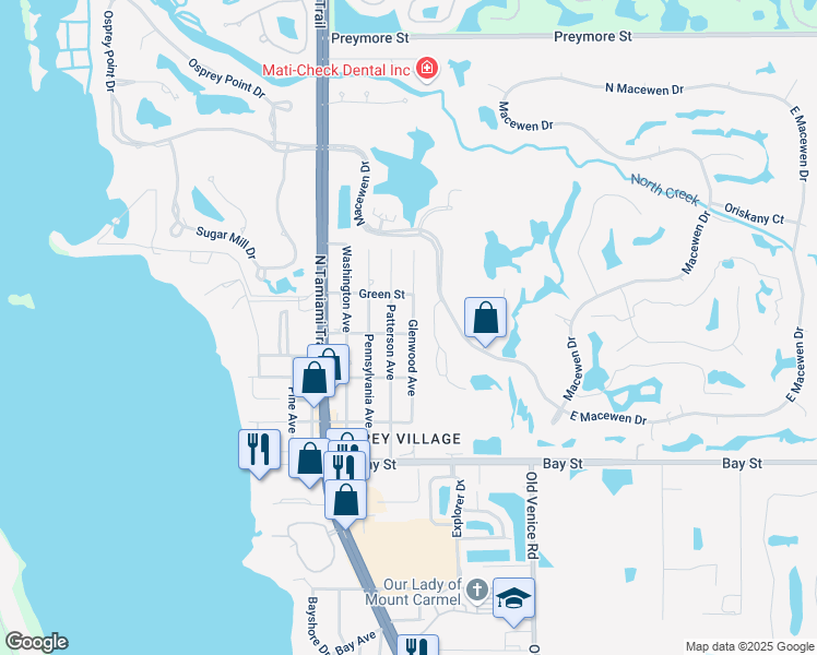 map of restaurants, bars, coffee shops, grocery stores, and more near 304 Glenwood Avenue in Osprey
