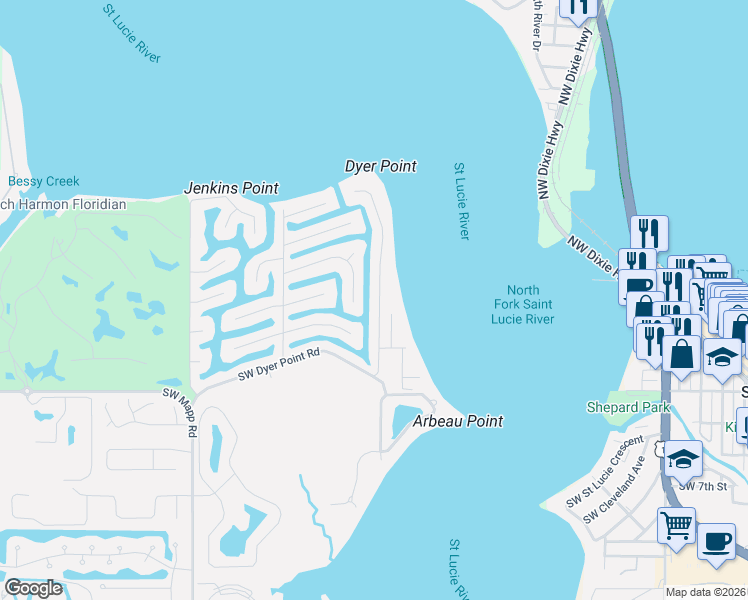 map of restaurants, bars, coffee shops, grocery stores, and more near 1359 Southwest Dyer Point Road in Palm City