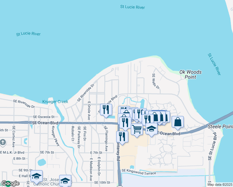 map of restaurants, bars, coffee shops, grocery stores, and more near 296 Southeast Wentworth Drive in Stuart