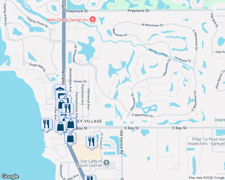 map of restaurants, bars, coffee shops, grocery stores, and more near 214 Saint James Park in Osprey