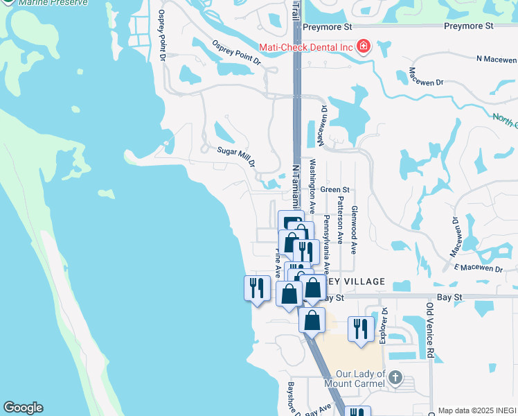 map of restaurants, bars, coffee shops, grocery stores, and more near 312 Palmetto Avenue in Osprey