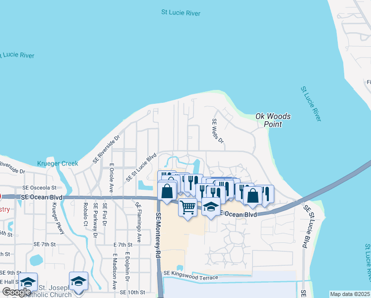 map of restaurants, bars, coffee shops, grocery stores, and more near 294 Southeast Four Winds Drive in Stuart