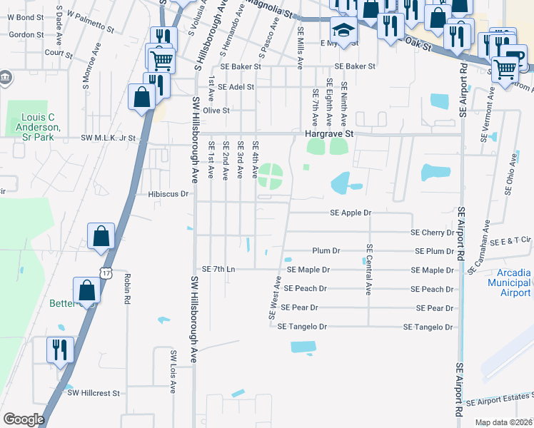 map of restaurants, bars, coffee shops, grocery stores, and more near 1272 Southeast Plaza Drive in Arcadia