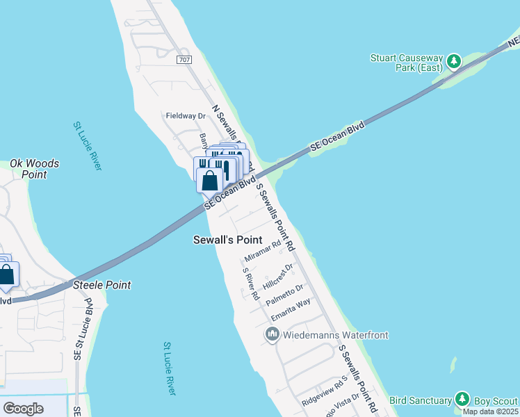 map of restaurants, bars, coffee shops, grocery stores, and more near 5 Copaire Road in Sewall's Point