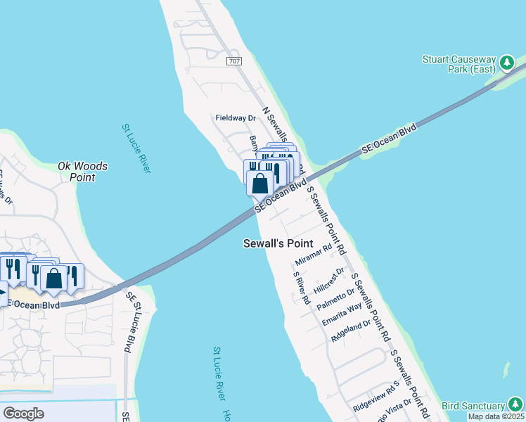 map of restaurants, bars, coffee shops, grocery stores, and more near 3601 Southeast Ocean Boulevard in Sewall's Point
