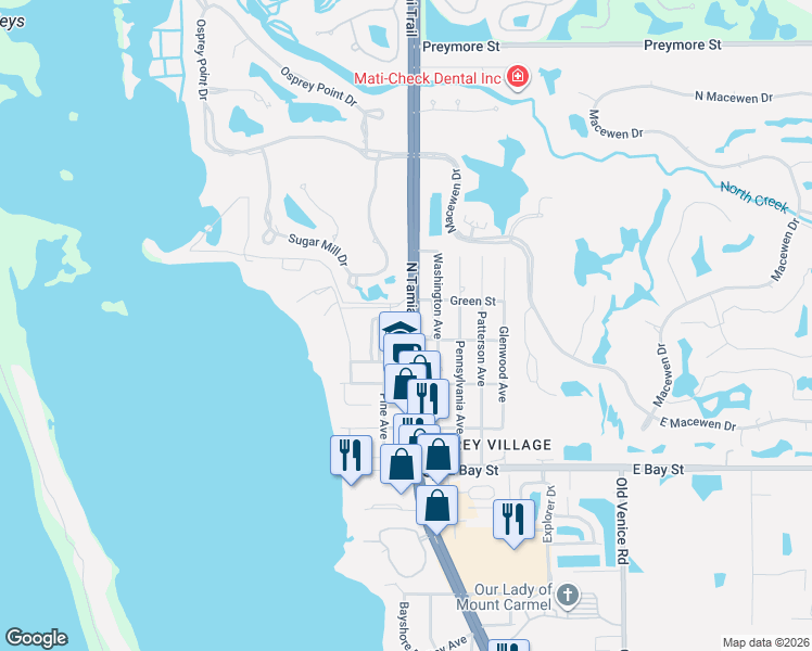 map of restaurants, bars, coffee shops, grocery stores, and more near 337 North Tamiami Trail in Osprey