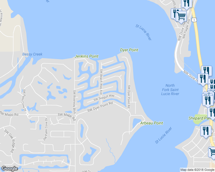 map of restaurants, bars, coffee shops, grocery stores, and more near 1429 Southwest Albatross Way in Palm City