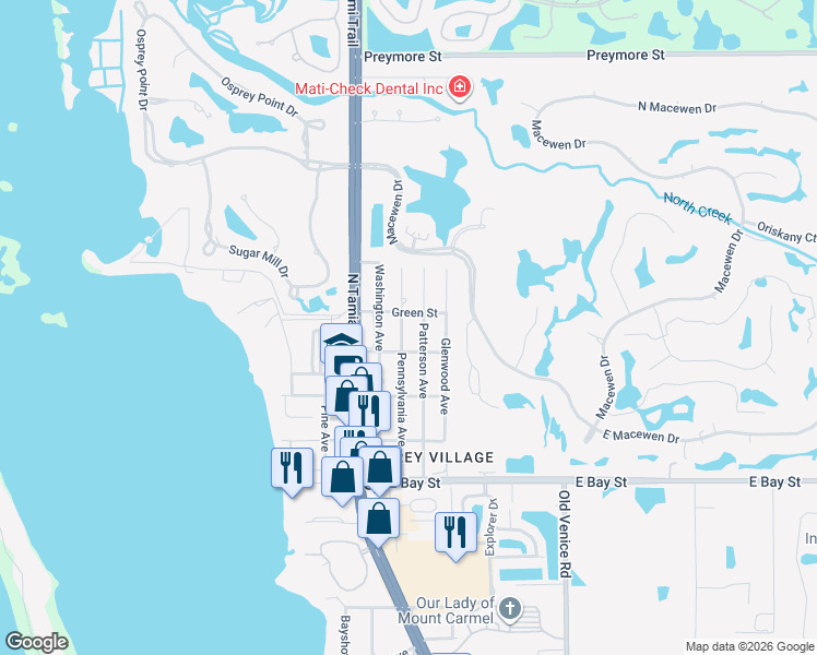 map of restaurants, bars, coffee shops, grocery stores, and more near 115 Church Street in Osprey