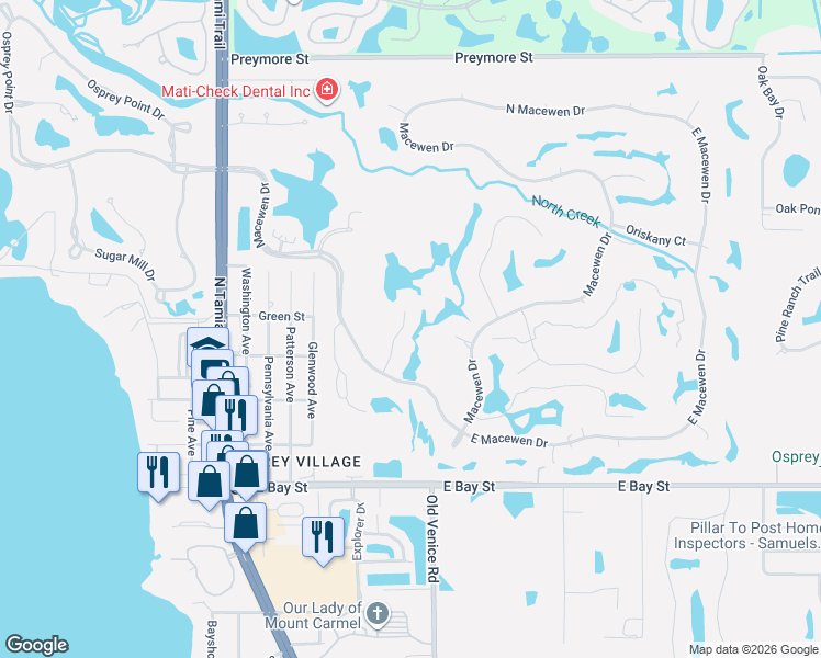 map of restaurants, bars, coffee shops, grocery stores, and more near 214 Saint James Park in Osprey