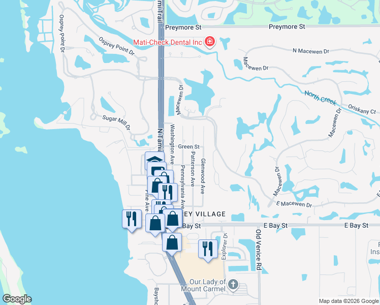 map of restaurants, bars, coffee shops, grocery stores, and more near 115 Church Street in Osprey