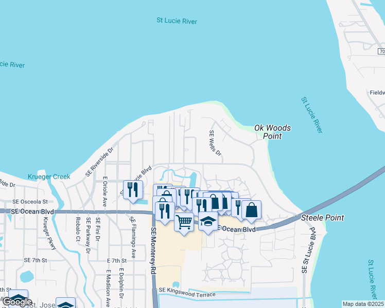 map of restaurants, bars, coffee shops, grocery stores, and more near 294 Southeast Four Winds Drive in Stuart