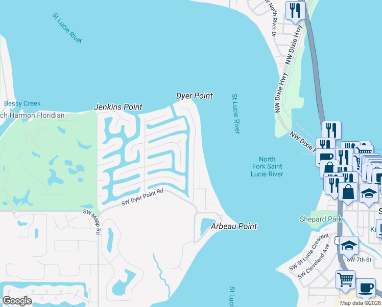 map of restaurants, bars, coffee shops, grocery stores, and more near 1299 Southwest Dyer Point Road in Palm City