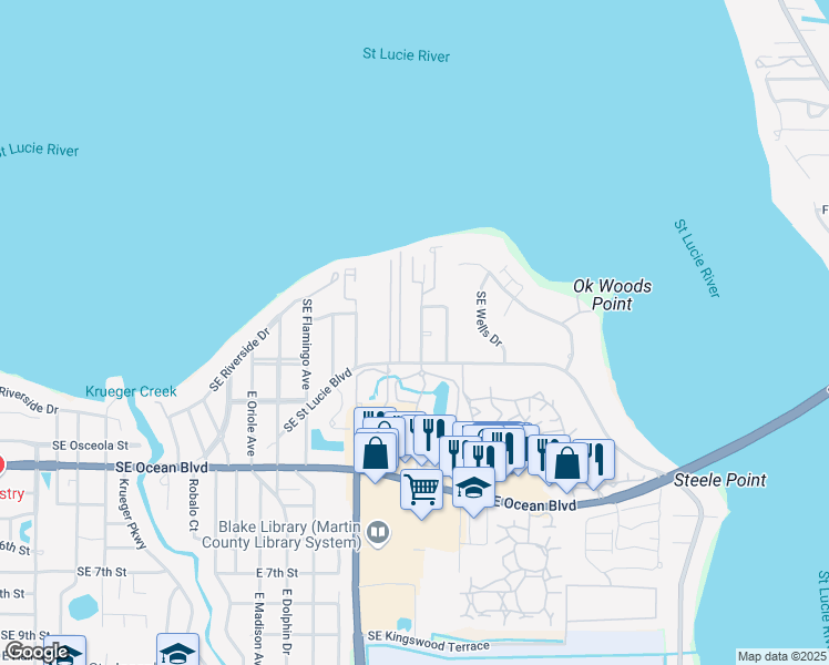 map of restaurants, bars, coffee shops, grocery stores, and more near 200 Southeast 4 Winds Drive in Stuart
