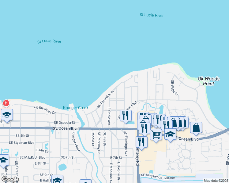 map of restaurants, bars, coffee shops, grocery stores, and more near 1455 Southeast Riverside Drive in Stuart