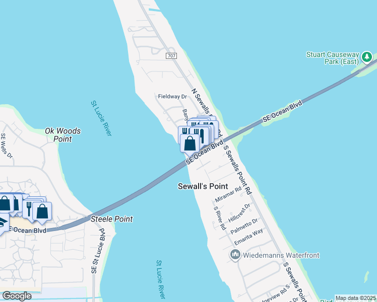 map of restaurants, bars, coffee shops, grocery stores, and more near 3602 Southeast Ocean Boulevard in Sewall's Point