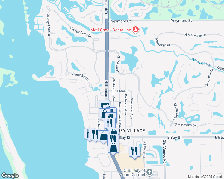 map of restaurants, bars, coffee shops, grocery stores, and more near 409 Washington Avenue in Osprey