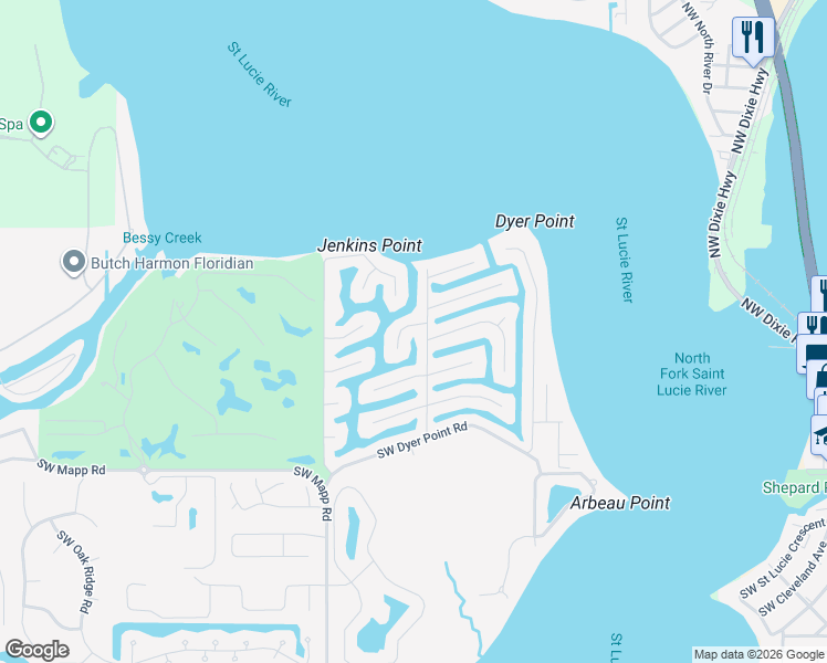 map of restaurants, bars, coffee shops, grocery stores, and more near 1536 Southwest Egret Way in Palm City