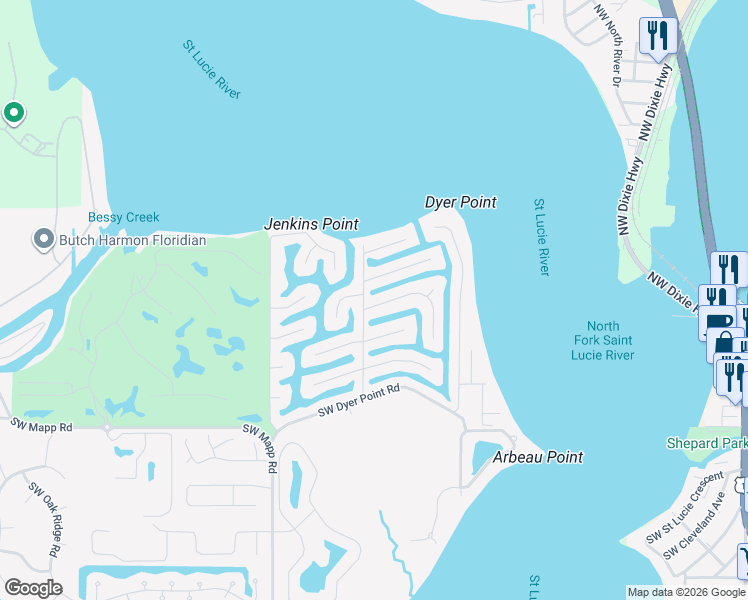 map of restaurants, bars, coffee shops, grocery stores, and more near 1429 Southwest Seahawk Way in Palm City