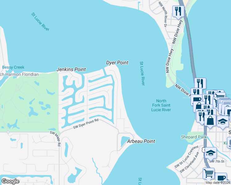 map of restaurants, bars, coffee shops, grocery stores, and more near 1299 Southwest Dyer Point Road in Palm City