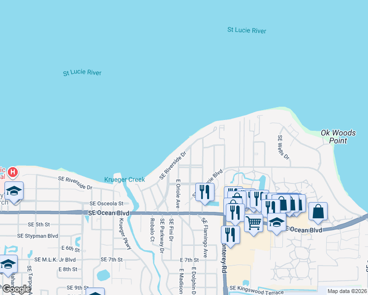 map of restaurants, bars, coffee shops, grocery stores, and more near 1455 Southeast Riverside Drive in Stuart
