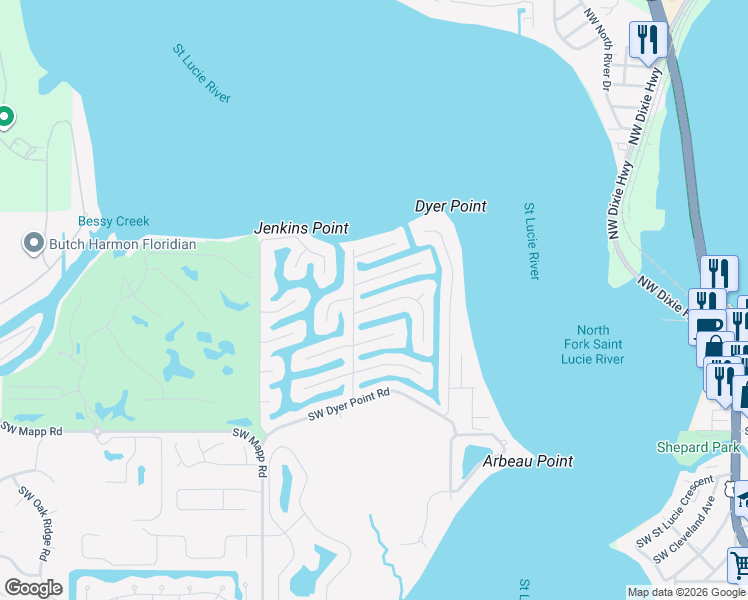 map of restaurants, bars, coffee shops, grocery stores, and more near 1429 Southwest Seahawk Way in Palm City