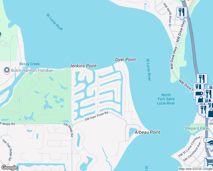 map of restaurants, bars, coffee shops, grocery stores, and more near 1429 Southwest Seahawk Way in Palm City