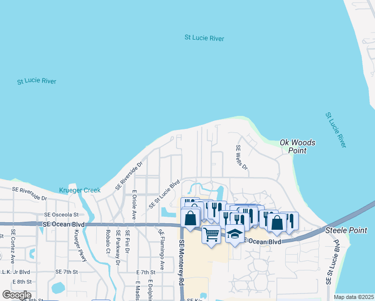 map of restaurants, bars, coffee shops, grocery stores, and more near 175 Southeast Saint Lucie Boulevard in Stuart