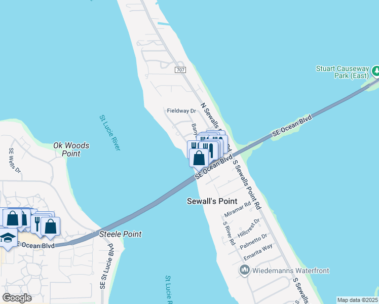 map of restaurants, bars, coffee shops, grocery stores, and more near 3602 Southeast Ocean Boulevard in Sewall's Point