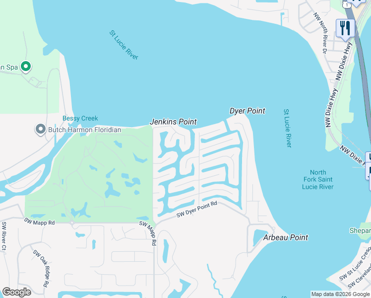 map of restaurants, bars, coffee shops, grocery stores, and more near 1536 Southwest Egret Way in Palm City