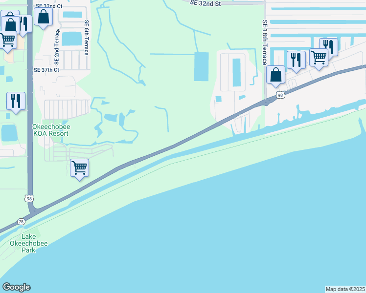 map of restaurants, bars, coffee shops, grocery stores, and more near 1107 US-441 South in Okeechobee