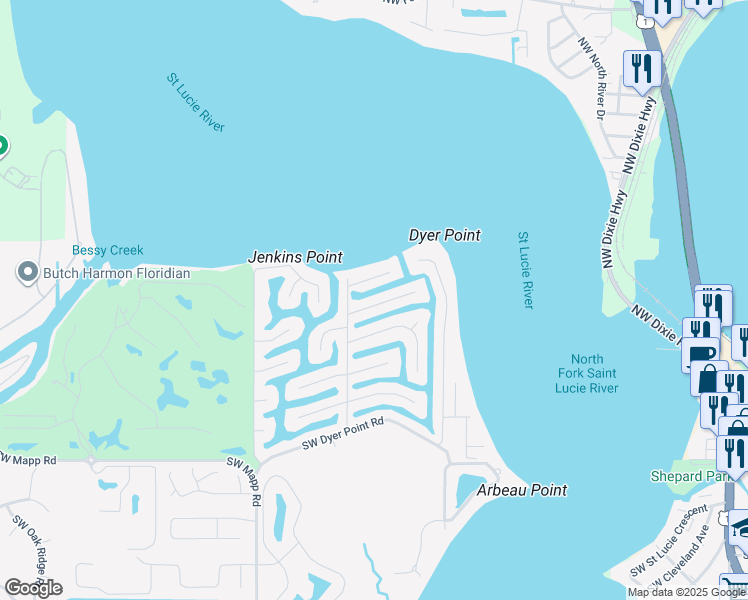 map of restaurants, bars, coffee shops, grocery stores, and more near 1462 Southwest Eagle Nest Way in Palm City