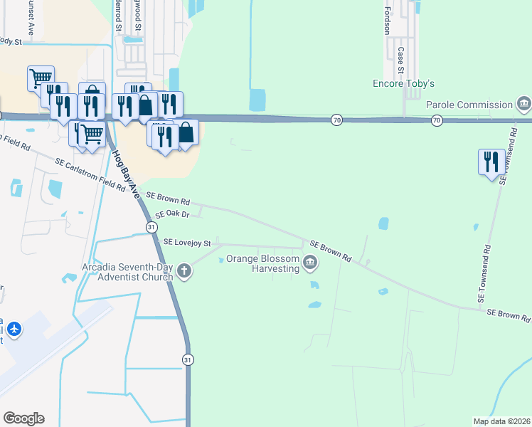 map of restaurants, bars, coffee shops, grocery stores, and more near 3172 Southeast Brown Road in Arcadia